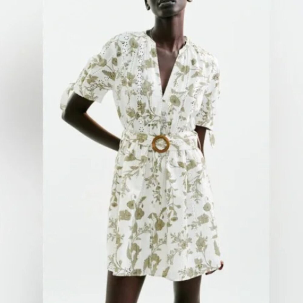 NWT Zara Floral Belted V-Neck Mini Eyelet Dress